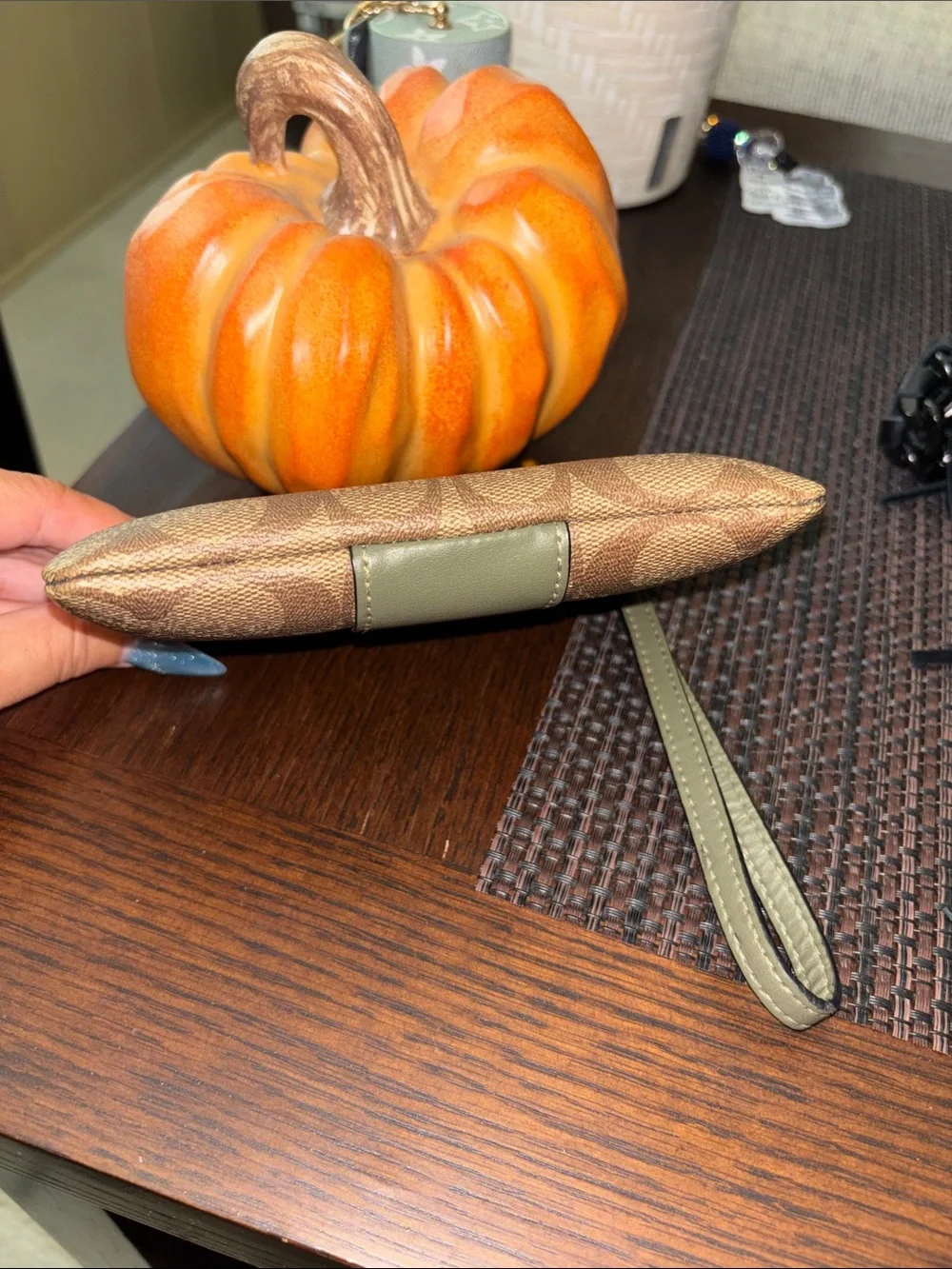 Coach Brown Signature Canvas Wristlet with Olive Leather Trim